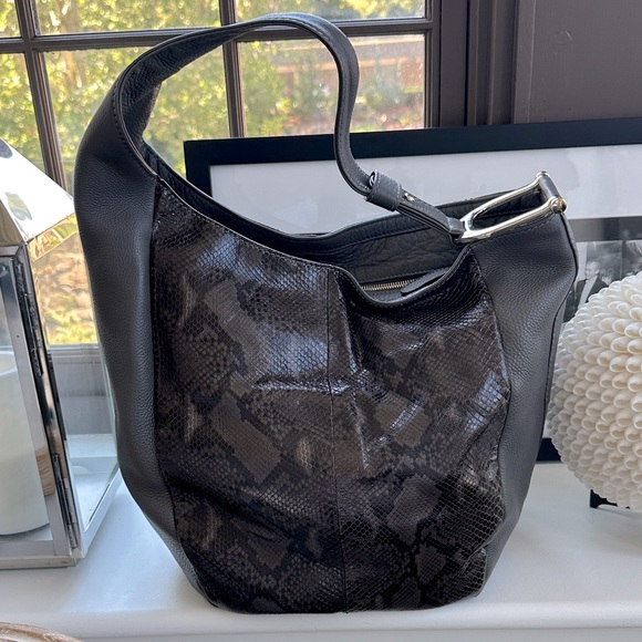 Gucci Steel Gray Pebble Leather & Python One-Shoulder Bag - Picture 1 of 13
